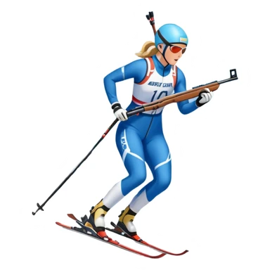 An icon featuring a biathlete in motion, holding a rifle and skiing across a snowy course. The backdrop includes snow-covered trees, distant mountains, and a clear blue sky. Transparent background highlights the precision, endurance, and excitement of biathlon. sticker