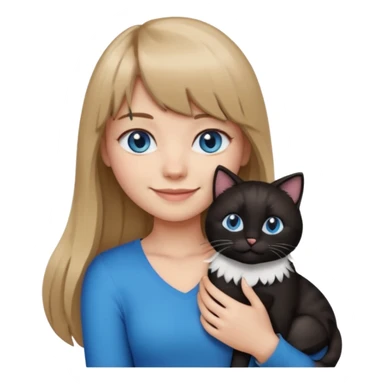 Apple-style emoji sticker of a young woman with long dark blond hair and bangs, blue eyes , holding a black-and-white cat on her chest, both smiling.  sticker