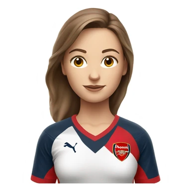 Pretty white woman with medium brown hair holding a soccer ball and wearing an Arsenal jersey sticker