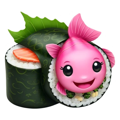 Cute Kawaii Maki Sushi Roll, small and round, wrapped in soft dark green seaweed, tiny grains of rice peeking out, a bright pink fish filling, a cheerful smiling face! sticker