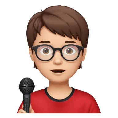 singer, Old, brown short hair, holding mic, red shirt glasses sticker