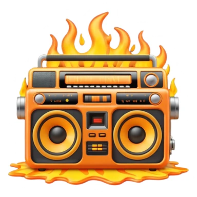 A cute 3D emoji of a retro boombox speaker with a funny shocked face, melting into orange and yellow flames, vibrant "fire" colors, high-end 3D render, white background. (This is a recreation of the fire emoji) sticker