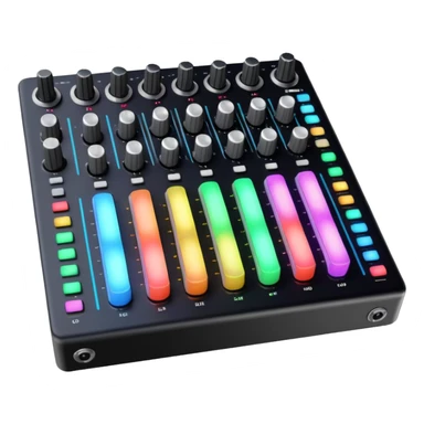 The long DJ mixer features faders, EQ knobs and multi-colored LEDs. sticker