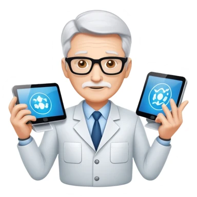 Senior IT Specialist with multiple high-tech devices, confident expression, showing leadership, advanced technical expertise sticker