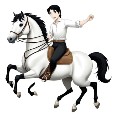A hand-drawn, black-and-white digital illustration in a playful, cartoonish style. A man with solid black hair and solid black pants is riding a horse, holding the reins with confidence. He has a joyful and adventurous expression as the horse moves forward with energy. The horse has a flowing solid black mane and tail, with strong, bold lines emphasizing its movement. Its legs are slightly bent, giving a sense of action. The background is minimal, keeping the focus on the rider and the horse sticker