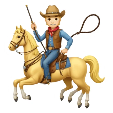Cowboy riding a horse with whip. Cowboy With yellow skin and smilling. Simplize it and I need a full pic with horse. Like I need the leg part too sticker