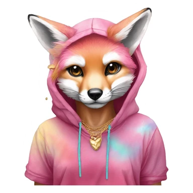 Pink magenta burgundy maroon cyan beige gray fox wearing a pink hoodie with gold jewellery gold piercings gold ear piercing gold nose piercing vintage watercolour tie dye black raven wings sticker