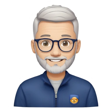 Man with light skin, high fade haircut (extremely short gradient from sides to top), short peppered gray beard, large black-framed glasses, smiling face, navy blue zip-front sweatshirt with long sleeves sticker
