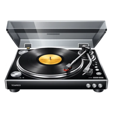 Technics turntable, highly polished, smooth wax texture, visible Technics logo, detailed controls, silver and black sticker