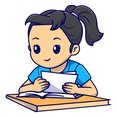 Girl with ponytail reading a notebook while sitting at desk sticker