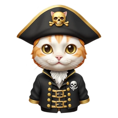 Premium 3D emoji icon of a cute ginger cat pirate, wearing a **pristine white** satin pirate hat with a gold skull icon, and a black and gold captain's jacket. Glossy finish, claymorphism style, soft studio lighting, isolated on white background, 8k resolution, stylized professional look --v 6.0 sticker
