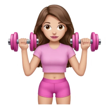 girl with wavy long brown hair, brown eyes, light to medium complexion, long lashes, light pink lipstick, wearing light pink shirt, lifting a pink dumbbells in a shorts top sticker