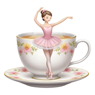 Porcelain tea cup with a floral pattern, steam rising, wearing a ballet tutu and in a graceful dance pose sticker