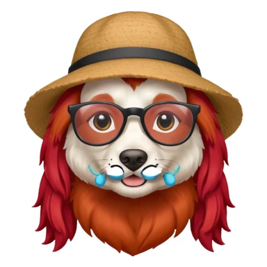 white dog with very red long hair and glassess and hat sticker