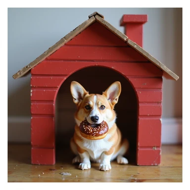 realistic red dog house with a Corgi dog inside, Corgi with a donut, photorealistic style sticker