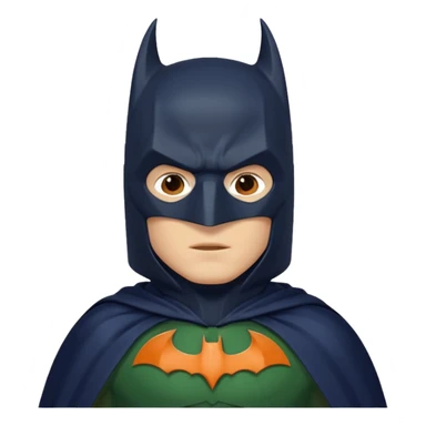 generate a batman emoji with just the face and neck showing and part of the cloak and and wings. Shade the bat logo on the chest in a medium green with a slight olive touch. Shade the mask in dark navy blue and the the cloak in a solid vibrant orange.

 sticker