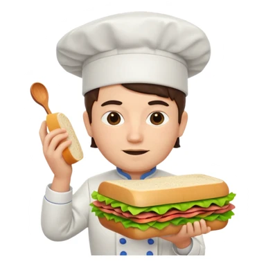 A 3D cartoon chef assembling a fresh sandwich with lettuce and meat, clean kitchen background, Memoji-style. sticker