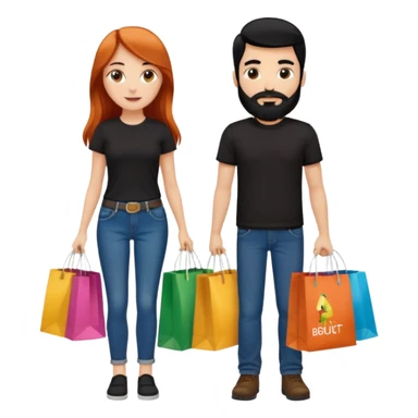 Chica blanca con cabello cobrizo largo y chico con cabello y barba negra los dos de contextura media los dos vestidos de jeans y camiseta negra con bolsas de compras de colores con letrero que diga comprado  sticker