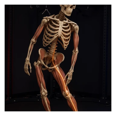 Hyperrealistic anatomical view of the same pose: tilted pelvis, valgus knee, pronated foot, with detailed visible bones and muscles, gym environment, 4K quality. Variant 8: highlight the kinetic chain from pelvis to foot. sticker