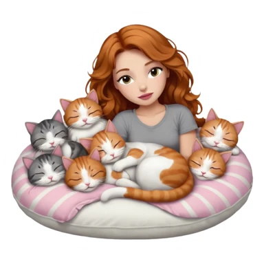 girl with long wavy brown hair, long lashes makeup, sexy pink lips, light to medium complexion,  sleeping on a cozy pillow, with 6 cats: 1 ginger/white, 1 grey with white paws, 1 calico, 2 grey and white and one tabby and white sticker