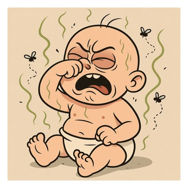 a stinky baby holding its nose, exaggerated expression, cartoon style, visible odor lines, flies buzzing around sticker