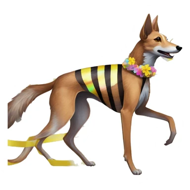  brindle brown black maroon striped lurcher Alsatian fox running blue eyes and iridescent holographic oilslick harness wearing paper iridescent tropical flower crown yellow caution tape sticker