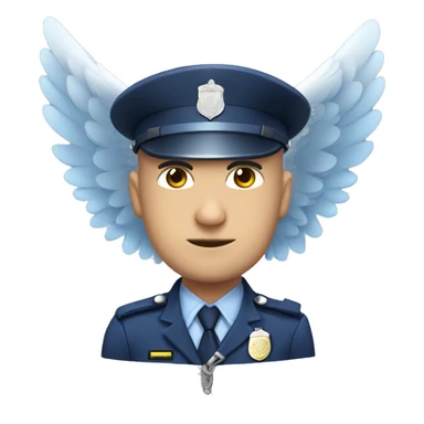 A WHITE Police man bald with blue uniform with Big ANGEL WINGS sticker