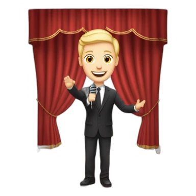 white light skin man person standing in a theater with red curtains standing on elevated stage holding a microphone smiling with light hair sticker