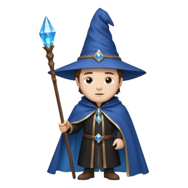 A white-skinned man with brown hair stands in sharp black clothing. He wears a pointed wizard hat and cape, holding a wooden staff crowned with a glowing blue crystal. His calm expression and steady posture suggest quiet mastery and a blend of magic, mystery, and modern elegance. sticker