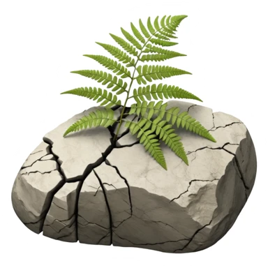 3D render of Fern Imprint, embedded in a chunk of rough sedimentary rock, cracked stone texture, ancient fossil aesthetic, black carbon imprint on a white limestone rock, matte dry finish, Apple emoji style, isolated on white background --v 6.0 sticker