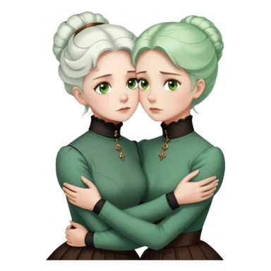 Two Victorian women with light green eyes in a sad, intimate embrace. One has bright white coiffed hair, the other has dark copper coiffed hair. Both wearing Victorian turtleneck dresses, hugging tightly sticker