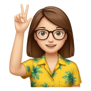 Hawaii female with white skin. Shoulder length straight brown hair. Brown eyes with glasses. Female wearing yellow Hawaiian print shirt. Women is making a hang loose sign with her left hand sticker