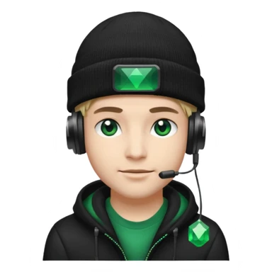 garcon avec un bonnet noir avec un emeraude dessus et un casque gaming moin bronzé sticker