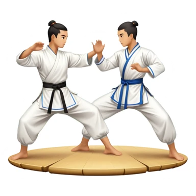 Two martial artists in traditional Wushu attire, performing elegant, fluid moves. The background shows a peaceful, scenic landscape with mountains and bamboo trees, symbolizing the balance of power and grace in Wushu.  sticker