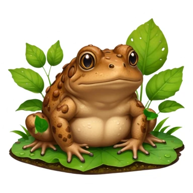 A brown toad sitting on wet ground near a pond, rough bumpy skin, natural light, green leaves around, realistic wildlife photo. sticker