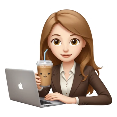 Women in front of laptop with a happy face, face a little fuller, long light brown hair, light brown big eyes, light pale skin with a iced coffee on the side, business attire sticker