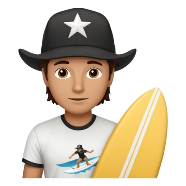 Male brunette movie producer black baseball hat that says surfing cowboys with white tshirt sticker