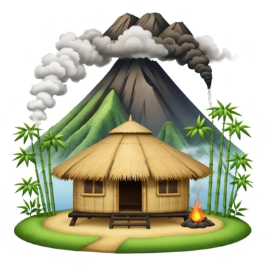 bamboo hut with volcano in the back in Volcano Island  sticker
