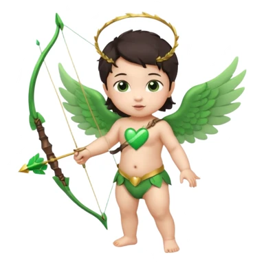 cupid asian baby flying full body with wings with brown eyes and dark hair handled bow and arrow directed to green heart and looking to heart sticker