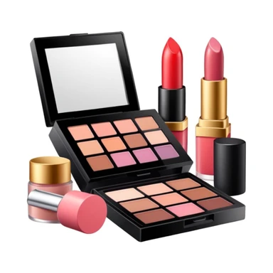 makeup products all together in one piece of png, lipstick, blush, powder, etc sticker