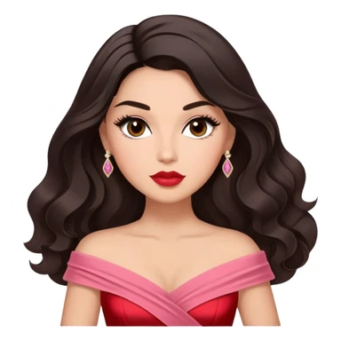 A woman with lighter almond-toned skin, voluminous dark hair in waves, expressive eyes with soft lashes and shimmer, full lips with a glossy nude-pink color, wearing a red dress and a white crossbody sash with “Miss San Juan” in black letters, exuding elegance and confidence. sticker