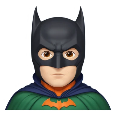 generate a batman emoji with just the face and neck showing and part of the cloak and and wings. Shade the bat logo on the chest in a medium green with a slight olive touch. Shade the mask in dark navy blue. Shade the cloak in a solid vibrant orange.

 sticker