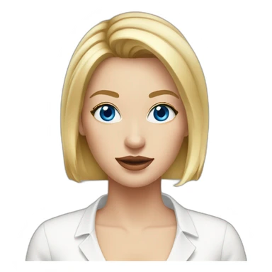 woman with blue eyes and bob blonde hair wearing a white button up and golden hoop earrings sticker