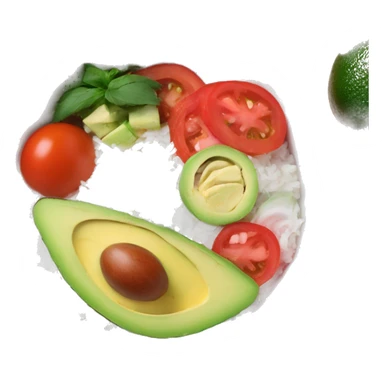 a big bowl with white rice, tomatoes, green sliced paprika, sliced avocado and pink joghurt sticker