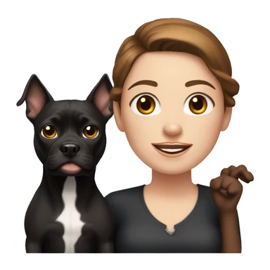 white woman with long brown hair and cat shaped eyes standing alongside a happy black pitbull  sticker