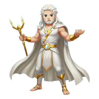 Zeus, whole body, white clothes, long white  hair, lightnings, determined face sticker