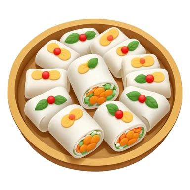 Hangzhou Pian Er Chuan steamed rice cake rolls with fillings, simplified emoji style with bold outlines and bright colors, cartoon style local specialty snack sticker
