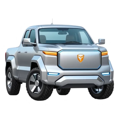 A futuristic electric pickup truck emoji, silver chrome body, angular cyber design, smooth metallic panels, subtle reflections, minimalistic proportions, iOS emoji style, centered composition, clean white background, soft lighting sticker