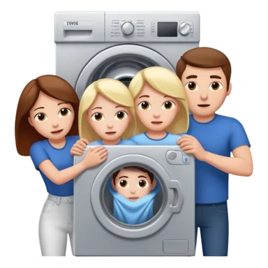 Eine Frau mit dem Kopf  in der Waschmaschine feststeckt und zwei Männer die hinten an ihr ziehen um ihr zu helfen  sticker