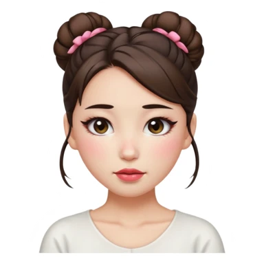 “japanese style Emoji brunette girl hair in bun white top, dewy skin, heavy blush across cheeks and nose bridge, glossy cherry lips, soft eyeliner, teary sparkling eyes sticker